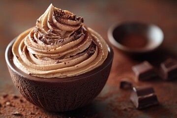 Poster - A rich and creamy cup of chocolate frosting sits on a table, ready to be devoured
