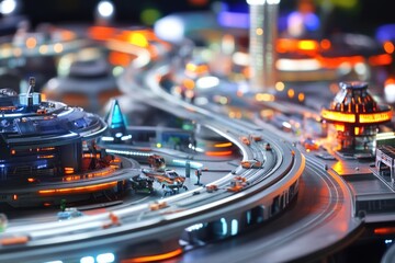 Aufkleber - A model of a city illuminated at night, with buildings and lights reflecting its beauty