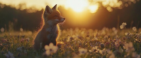 Wall Mural - Red fox kit sitting in a field of wildflowers at sunset.