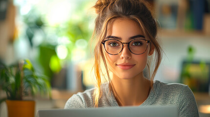 Poster - Young Professional Accountant Woman Working On Laptop In Modern Office With Plants And Natural Light, Focused And Confident