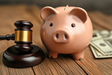 Poster - A piggy bank next to a judge's gavel, symbolizing financial responsibility and judicial authority