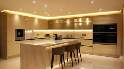 Poster - Modern kitchen with a central island and bar stools for seating
