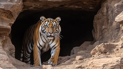 Canvas Print - A majestic tiger walks out of a dark cave, ready to explore its surroundings