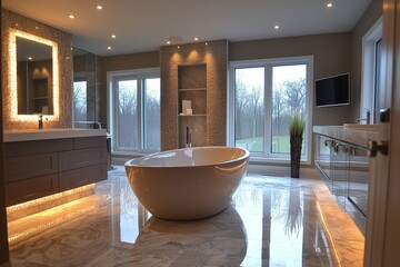 Wall Mural - An elegant modern bathroom featuring a sleek freestanding tub, marble flooring, and luxurious LED lighting fixtures adorning the walls for a spa-like ambiance.