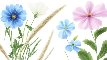 Poster - Colorful bouquet of various flowers against a pure white surface, ideal for beauty, wellness, or lifestyle content