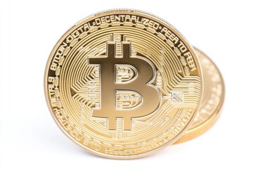 Poster - A single golden bitcoin coin sitting on a white surface, suitable for financial and business-themed uses