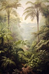 Wall Mural - A scenic view of a lush jungle with towering palm trees, ideal for travel or nature-related projects