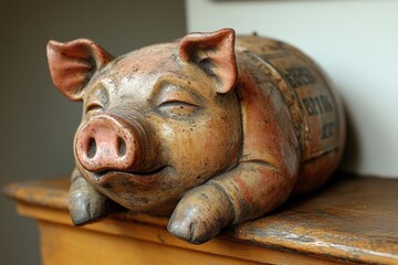 Poster - A ceramic pig lying on a wooden table, perfect for decorative or educational use