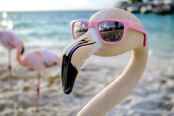 Wall Mural - A pink flamingo wearing sunglasses sitting on the beach, perfect for summer or tropical themed designs