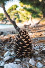 Canvas Print - A single pine cone rests on the forest floor next to a tall tree trunk