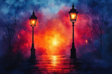 Aufkleber - A photograph of a street light at sunset