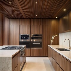 Poster - A kitchen interior with modern appliances including sink, stove, and oven