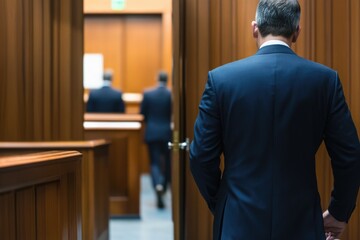 Poster - A man in a business suit stands in a modern courtroom, ideal for legal or professional concepts