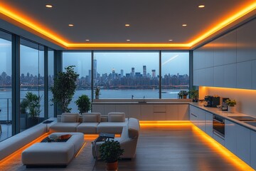 Poster - A warm and inviting living room with comfortable furniture and a large window offering a great view