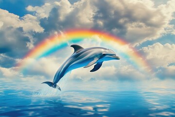 Poster - A dolphin leaping from the ocean with a vibrant rainbow in the background, great for nature and adventure-themed images