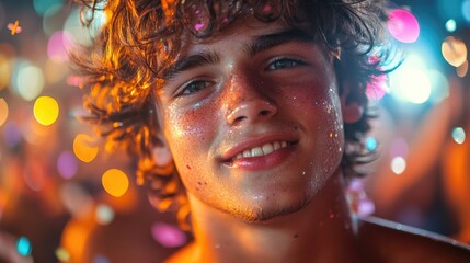 Aufkleber - A close-up shot of someone surrounded by confetti, great for celebrations and parties