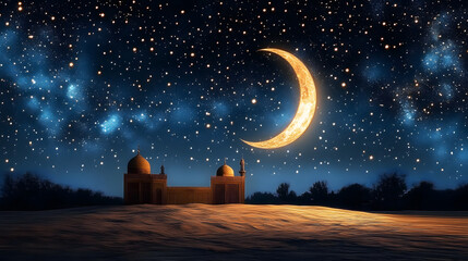 Wall Mural - a serene night sky filled with twinkling stars and a crescent moon, symbolizing the beginning of the