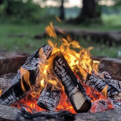 Poster - A crackling campfire illuminates the evening, casting a warm glow on the surrounding greenery. The flickering flames create a cozy and inviting atmosphere, perfect for a night under the stars.