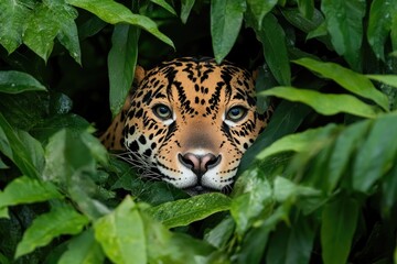 Poster - A close-up of a leopard's face hiding in a bush, great for wildlife or nature scenes