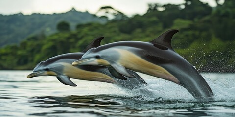 Poster - Two dolphins leaping from the ocean surface, a moment of playfulness and freedom