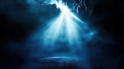 Dark underwater scene, mysterious blue light beams, ethereal atmosphere, rippling water surface, deep ocean depths, submerged landscape, eerie glow, marine exploration, bioluminescence, underwater cav
