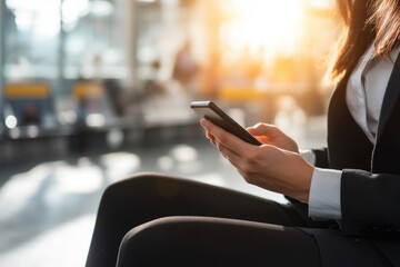 Poster - A person sitting on a bench, using their mobile device