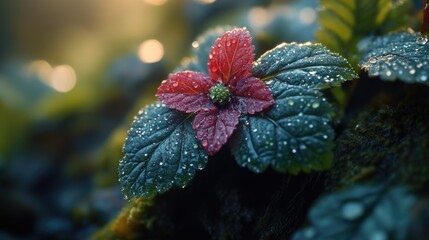 Poster - A close-up shot of a red flower with water droplets glistening on its petals