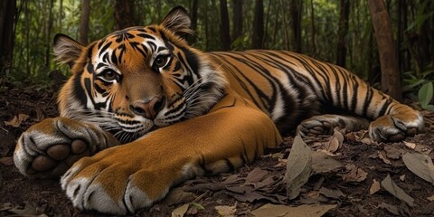 Poster - Wildlife scene of tiger resting on forest floor