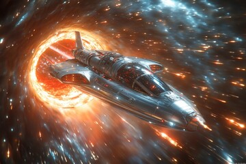 Poster - A spacecraft travels through a galaxy filled with stars and celestial bodies