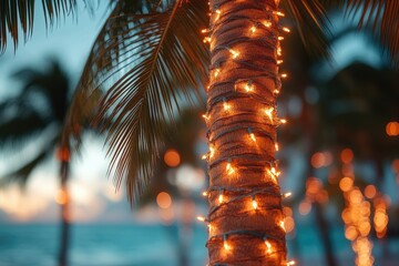 Poster - A palm tree decorated with Christmas lights standing near the ocean
