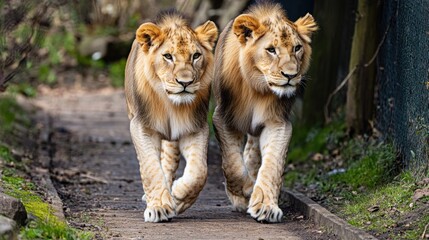 Aufkleber - Two lions strolling together on a dirt path in a savannah or wild environment