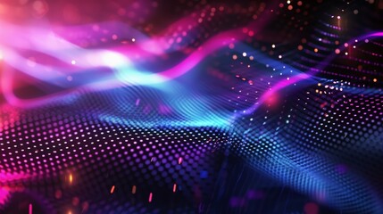 Poster - Abstract particles background forming wavy stripes in pink and blue colors, ideal for wallpapers
