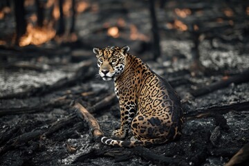 Sticker - A leopard sits amidst charred tree trunks and blackened vegetation