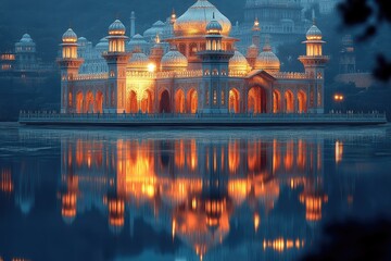 Poster - A large structure situated on the surface of a lake, providing scenic views and serene atmosphere