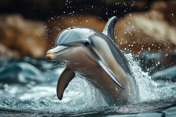 Poster - A dolphin leaping out of the ocean, great for marine life or sports themed images