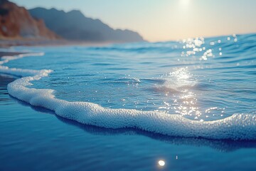 Wall Mural - close up view of a wave breaking on the beach, with water and sand in motion