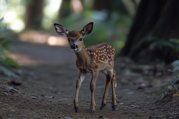 Poster - A young fawn stands on a dirt road surrounded by woods, perfect for outdoor or nature-themed designs