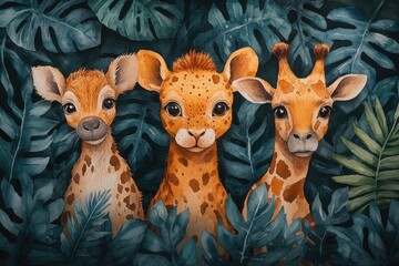 Poster - Three giraffes roaming in a dense jungle