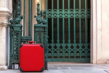Poster - A red suitcase sits at an airport gate, waiting to be collected by its owner