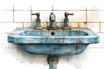 Poster - A blue sink with two faucets on top, suitable for kitchen or bathroom use