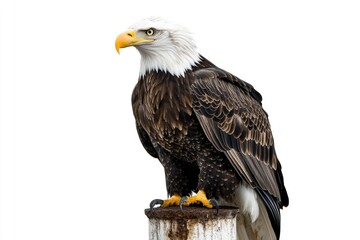 Poster - A bald eagle perched on top of a wooden post, ready to soar