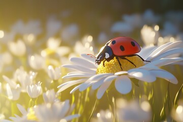 Poster - A ladybug sits atop a white flower, its red and black body standing out against the delicate petals