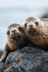 Poster - Two seals sitting on a rocky outcropping, looking out at the sea
