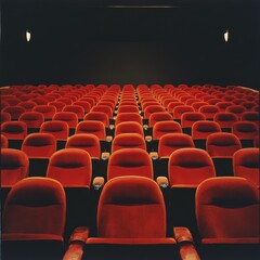 Aufkleber - A captivating perspective of a movie theater, showcasing rows of plush red seats stretching towards the screen, inviting you to step into a world of cinematic wonder.