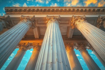 Poster - A group of columns standing against a cloudy blue sky, suitable for use in urban or architectural scenes