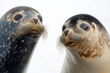 Poster - Two seals stand side by side in their natural habitat, perfect for use in environmental or wildlife photography contexts
