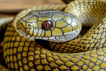 Poster - A close-up shot of a snake's head on a table, showcasing its features