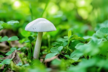 Poster - A single white mushroom sits atop a lush green field, perfect for use in nature-inspired designs or as a symbol of simplicity and elegance