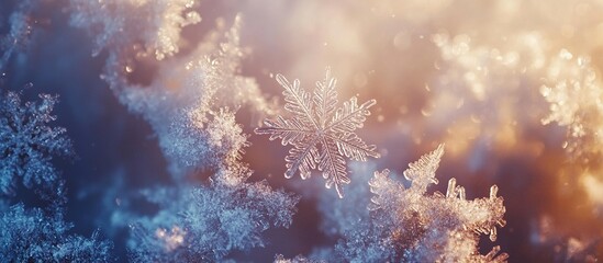 Wall Mural - close-up of intricate ice crystals, snowflakes glistening in sunlight.