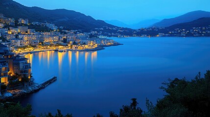 Wall Mural - A city waterfront with a large body of water and surrounding buildings